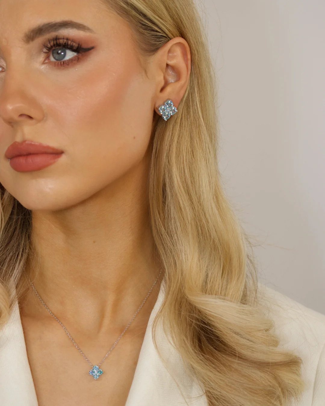 Crystal Hydrangea Stud Earrings - Aqua - Image 3